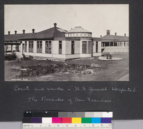 Court and wards, U.S. General Hospital. The Presidio of San Francisco. J.D. Givens Photo. [Clipping from unidentified source.]