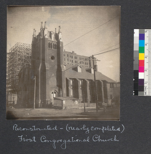 Reconstructed (nearly completed) First Congregational Church. [Hotel St. Francis in background.]