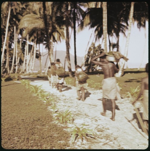 Men and women walking and carrying objects