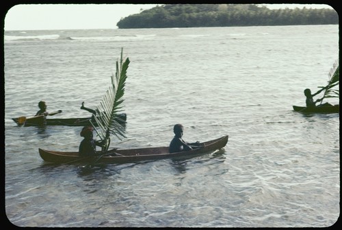 Children in canoes with large leaves