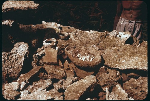 Shrine with bowl, coral perhaps, with offerings including shell rings