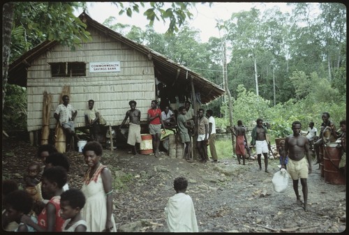 People around a building