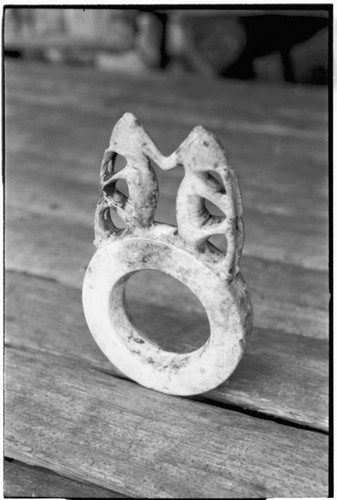 Shell valuable. Tridacna gigas clam. Ring with two anthropomorphic figures