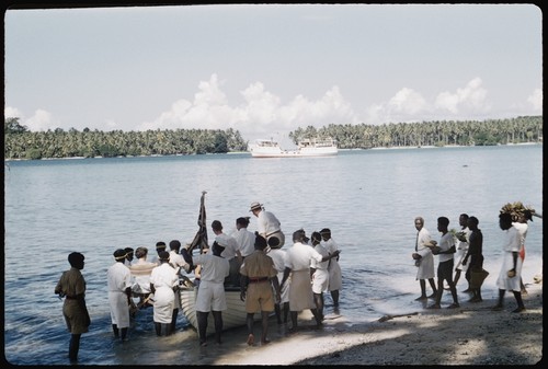 Europeans in a boat, Choiseul men on shore