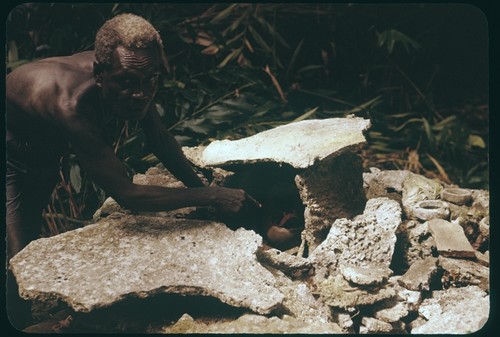 Man with shrine, pointing out skull