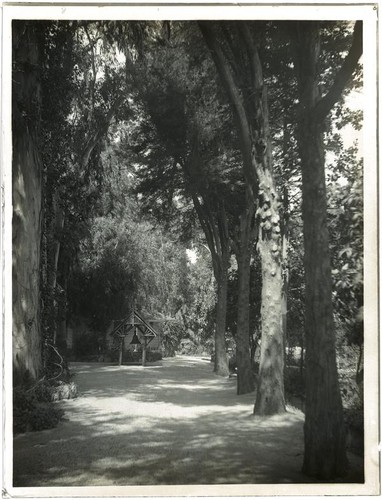 Hugo Reid Adobe and old mission bell at Rancho Santa Anita, Arcadia, circa 1900-1903