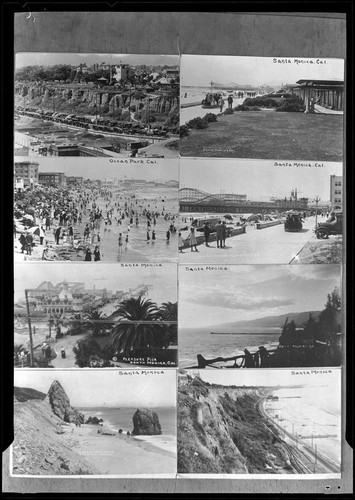 Seven views of the Santa Monica shore and Pleasure Pier and one view of Castel rock in Topanga, circa 1915-1925