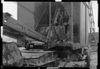 Maaco Construction Company truck crane parked at an oil field, Los Angeles, circa 1930