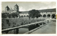 Mission Santa Barbara, exterior view showing the lavadero (Indian wash place), Santa Barbara, circa 1885