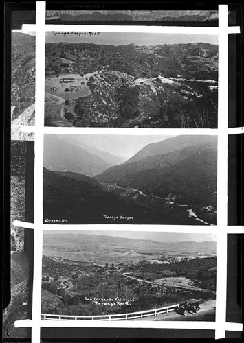 Three photographs of a road in Topanga Canyon, Topanga, circa 1923-1928