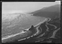 View from coastal cliff towards Castle Rock on the shore, Topanga, circa 1920-1930