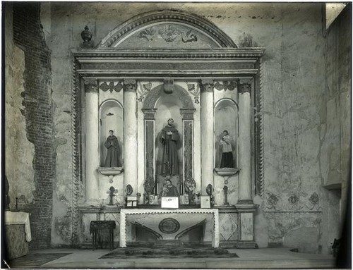 Interior of church at Mission San Luis Rey de Francia, Oceanside, 1899
