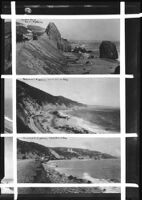 Views of Castle Rock and the Roosevelt Highway along the Santa Monica coastline, Topanga [and Malibu ?], circa 1920-1934