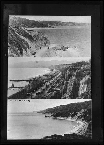 Two views of the shoreline along the Santa Monica Bay and one view of the cliffs along the Palisades Park and shoreline in Santa Monica, Santa Monica Bay, circa 1915-1925
