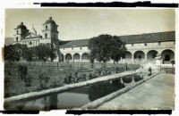 Mission Santa Barbara, exterior view showing the lavadero (Indian wash place), Santa Barbara, circa 1885