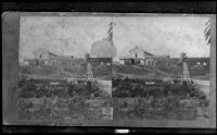 Exterior view of Mission San Diego Alcala and garden, San Diego, circa 1874