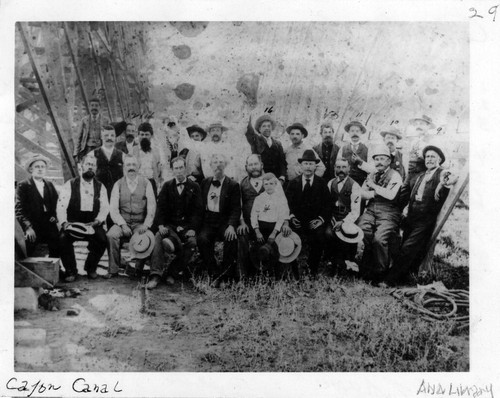 Photograph of celebration at the completion of Flume # 7 by the Cajon Canal Co