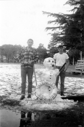 Photograph of boys and snowman at Valencia High School