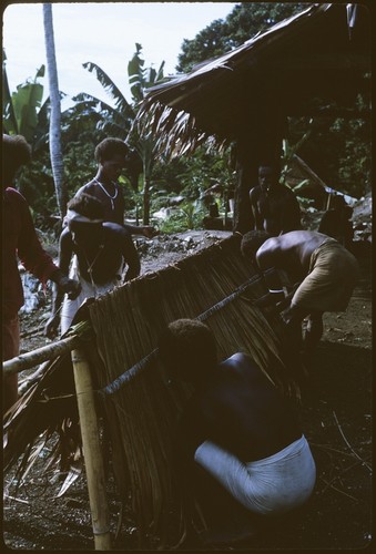 Men working on the ridge piece of house thatching, and putting it on the roof
