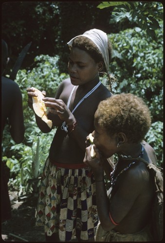 Women eating what appears to be melon