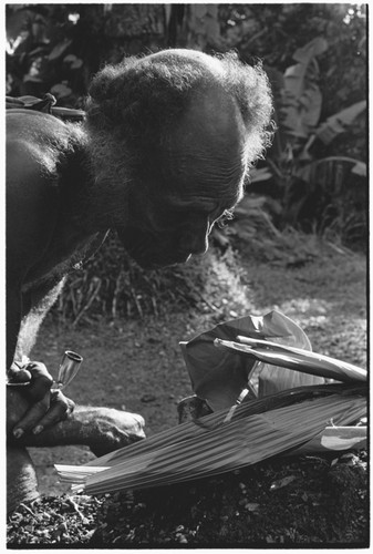 Folofo'u bespells wood shavings to purify entry of a newborn grandson into the clearing