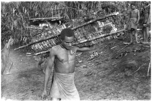 Man carrying a taro pudding for fa'asafinga desacralization ritual connected with mourning for recent death