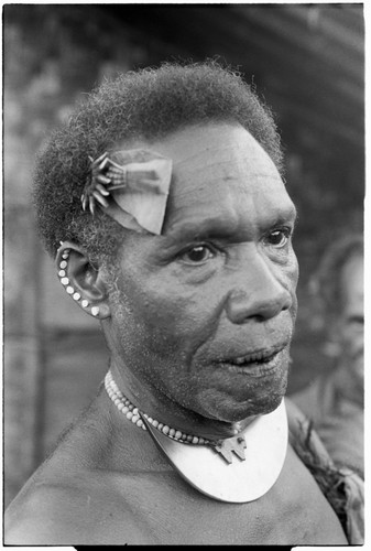 Man with dafi pearshell neck ornament, and plaited fari (spilt) comb with kwaloi'a porpoise tooth star, and leaf bespelled to protect him from sorcery at the feast