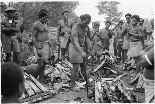 Fish packets and more food arranged on piles of taro