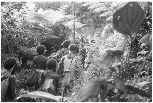 People walking through bush entering hamlet with presentations