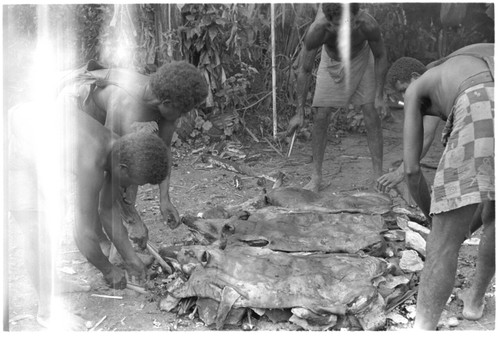 Men with slabs of pork for mortuary feast