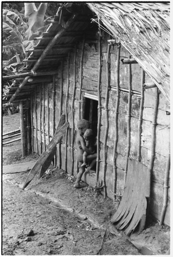 A family house, as viewed from the men's house. Child brings baby into the house