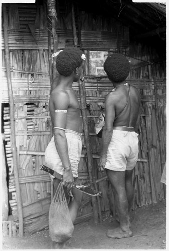 Two men look at pictures on a house wall