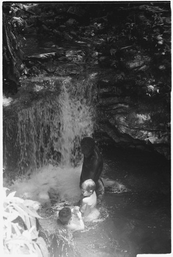 People, including Keesing's daughters, in pool of water, waterfall