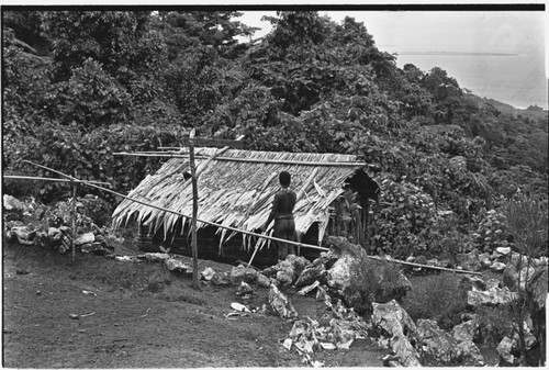 Woman and menstrual hut, with Sinalagu habour below