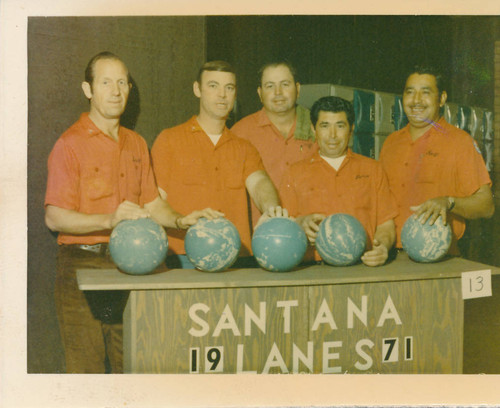 Santa Ana 1971 Bowling Fire Fighter Volunteer group, L-R Ray Prothero, Bob Taylor, Cliff West, Lino Lopez and Ray Sanchez