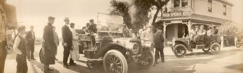 Members of the auto club gathered in front of the Warm Springs Hotel