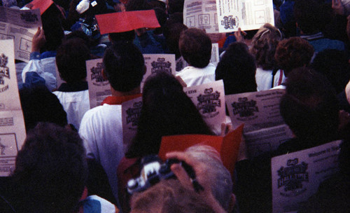 Spectators participating in a synchronized card display at Super Bowl XXVII, Pasadena, 1993