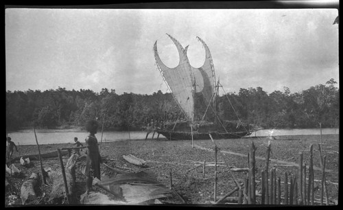 Lakatoi canoe with two sails, probably in Gulf Province