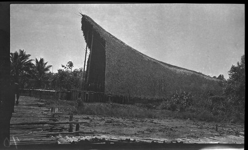 Side view of large men's house, with wooden walkway, Gulf Province