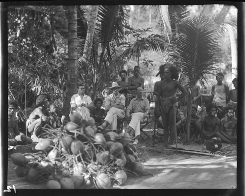 Group of Solomon Islanders and European men, with a gathering of coconuts
