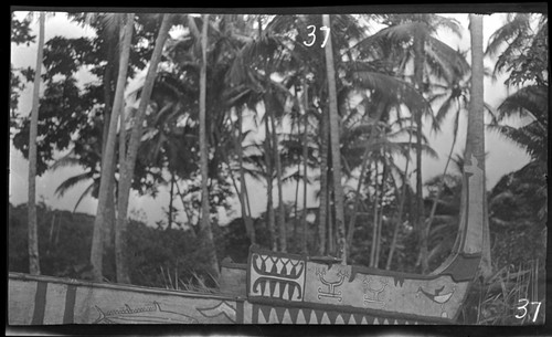 Closeup of large decorated canoe from Santa Ana