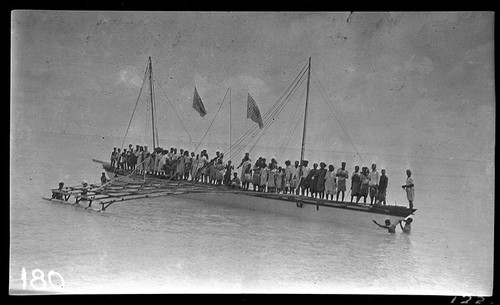 Kiribati canoe that has just been launched, 78 feet long