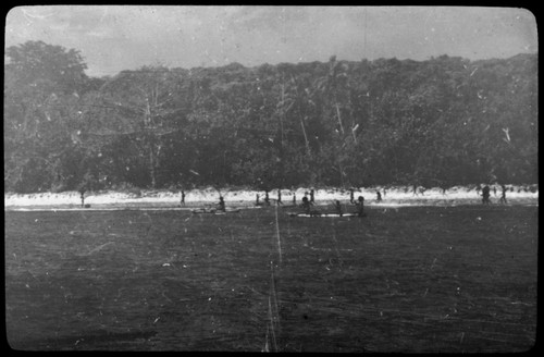 People along the shore, some in canoes