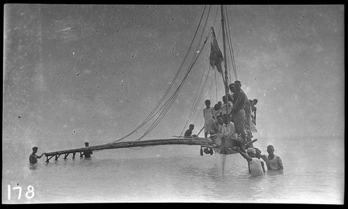 Kiribati canoe that has just been launched, 78 feet long