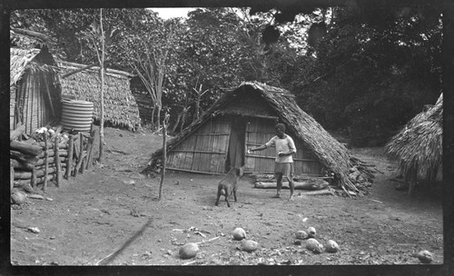 Man feeding a pig near house