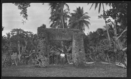 Sylvester Lambert, posing in the middle of Ha'amonga 'a-Maui