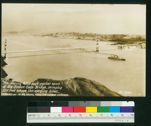 The daring 4,200 foot center span of the Golden Gate Bridge swinging 250 feet above the surging tides