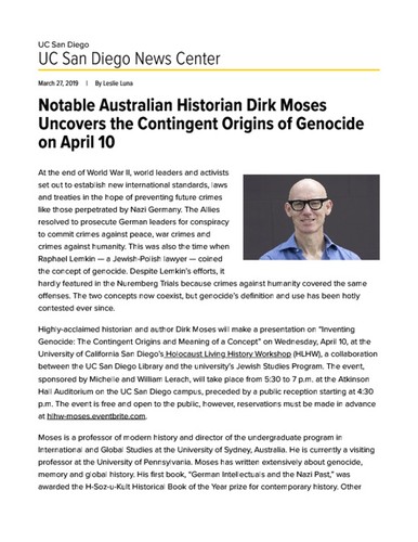 Notable Australian Historian Dirk Moses Uncovers the Contingent Origins of Genocide on April 10