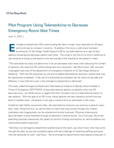 Pilot Program Using Telemedicine to Decrease Emergency Room Wait Times