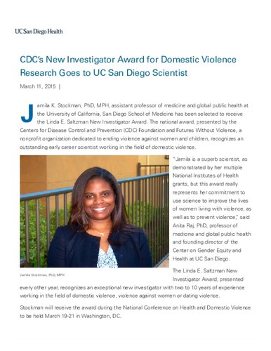 CDC's New Investigator Award for Domestic Violence Research Goes to UC San Diego Scientist